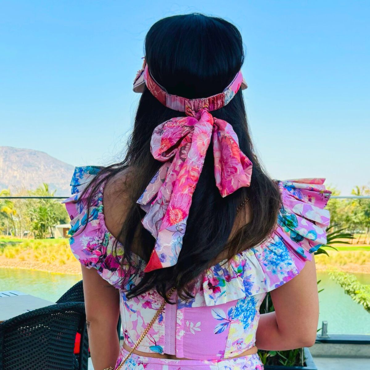 Floral Metallic Sun Visor Cap with Bow