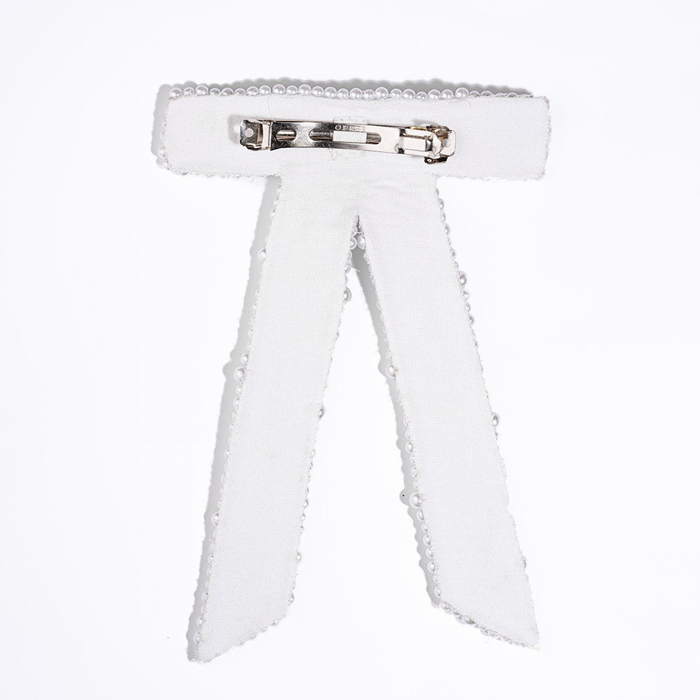 Embellished Pearl Hair Bow Barrette Clip - White
