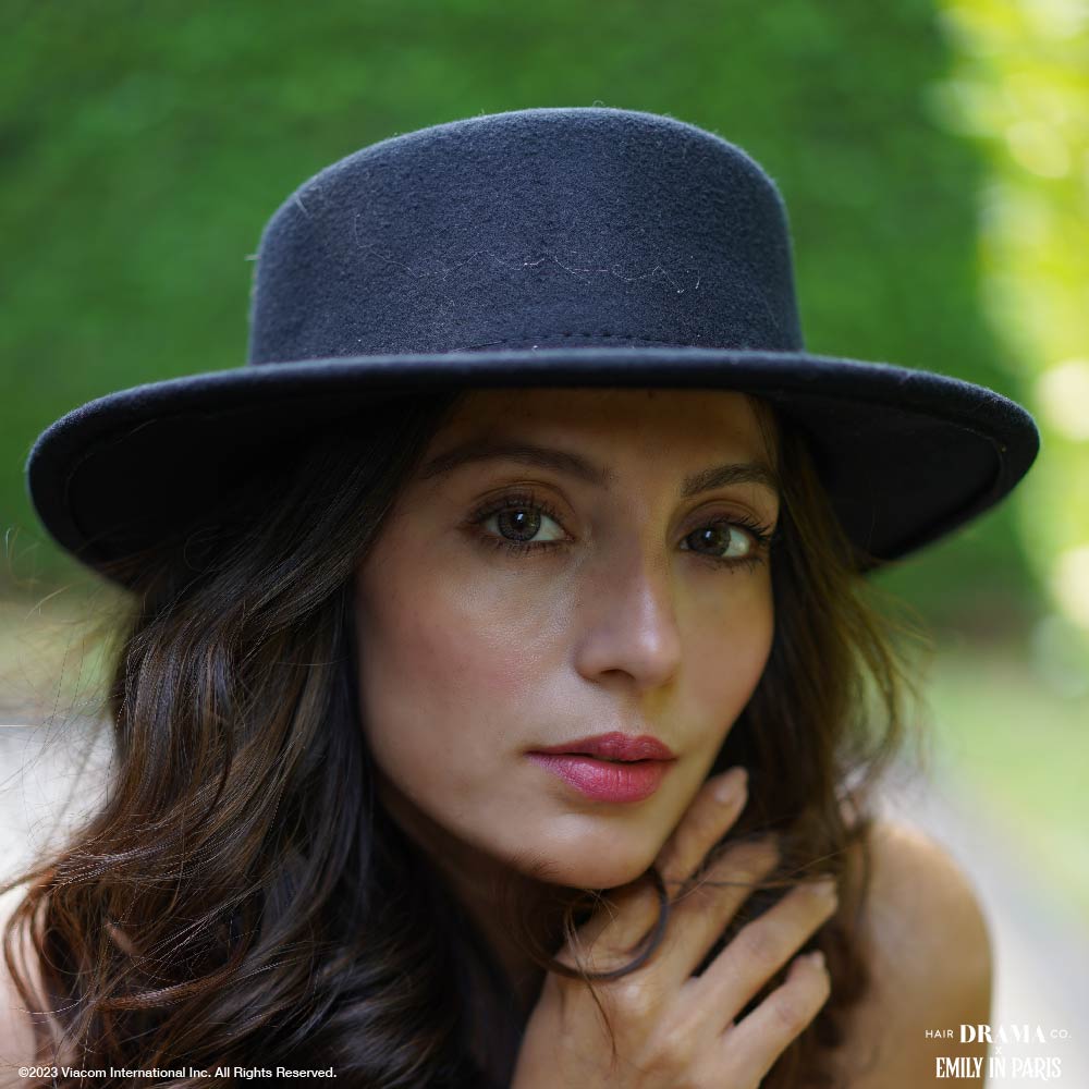 HDC x Emily In Paris Black Woolen Flat Top Fedora Hat with removable Ribbon Belt