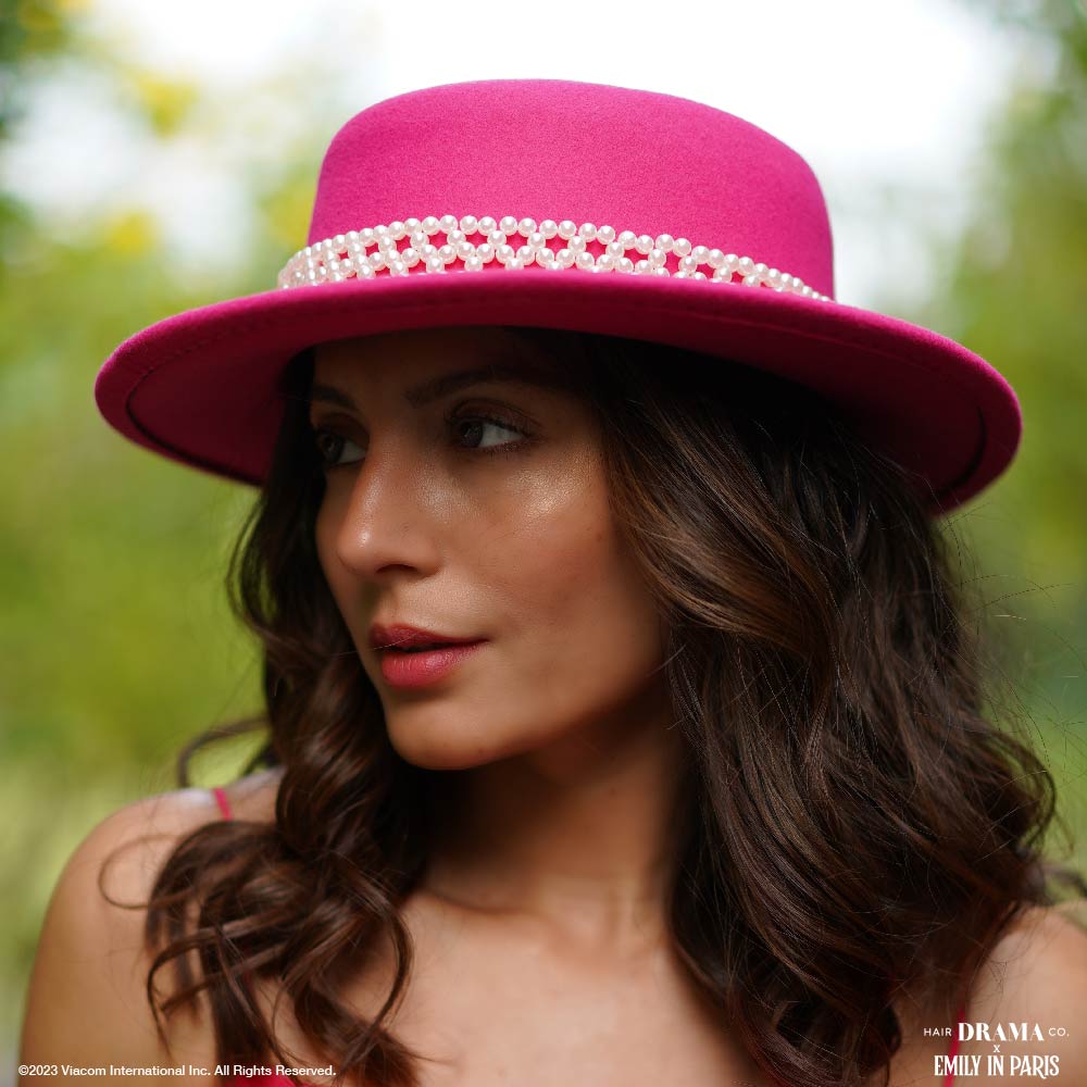 HDC x Emily In Paris Hot Pink Woolen Flat Top Fedora Hat with removable Pearl Belt