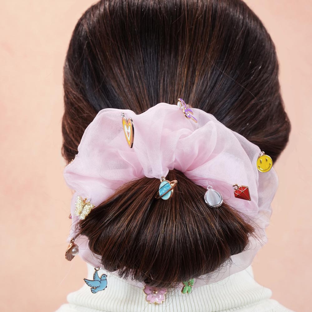 Oversized Organza Scrunchie with Charms - Pink