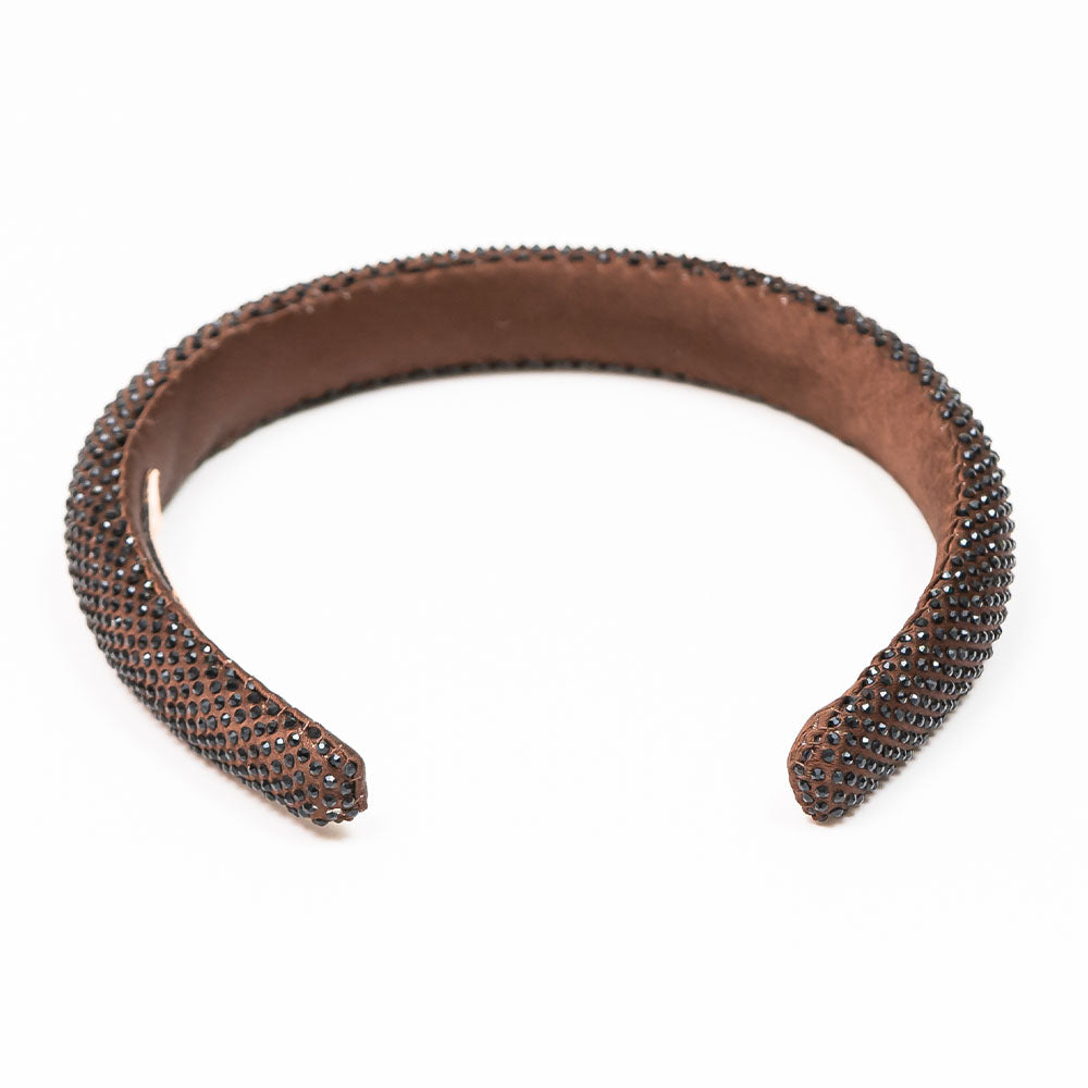 Silk Satin Puff Hair Band with Rhinestones - Dark Brown