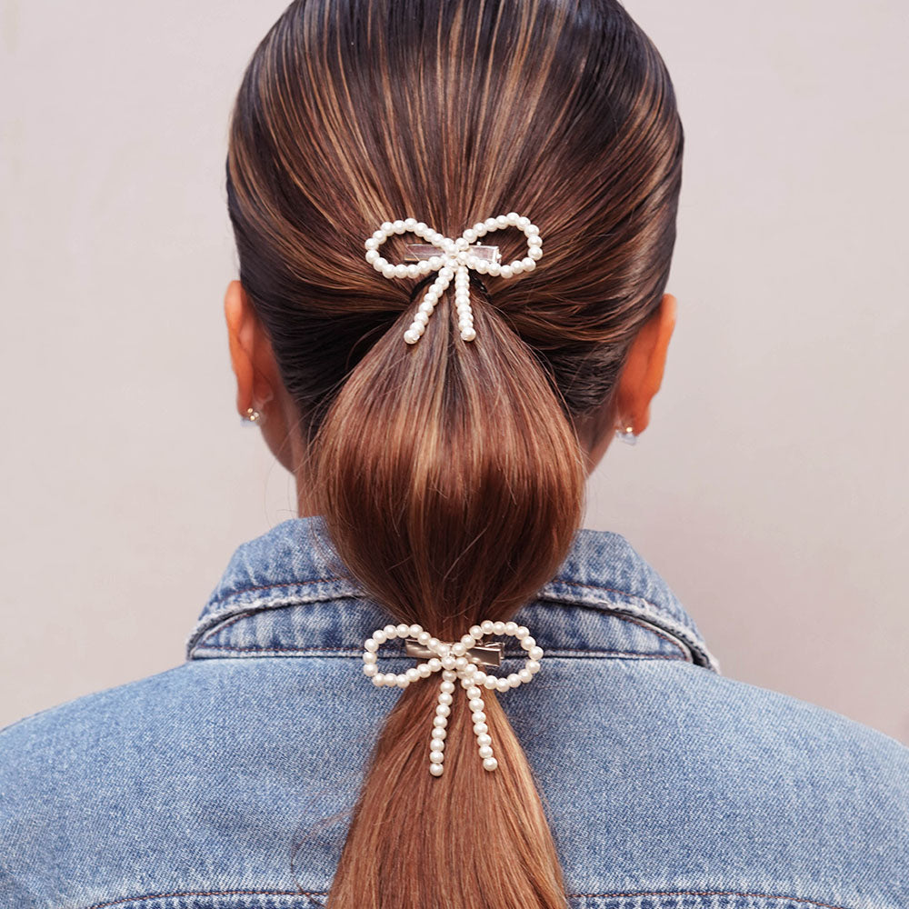 Off-White Embellished Pearl Hair Bow Alligator Clip - Set of 2