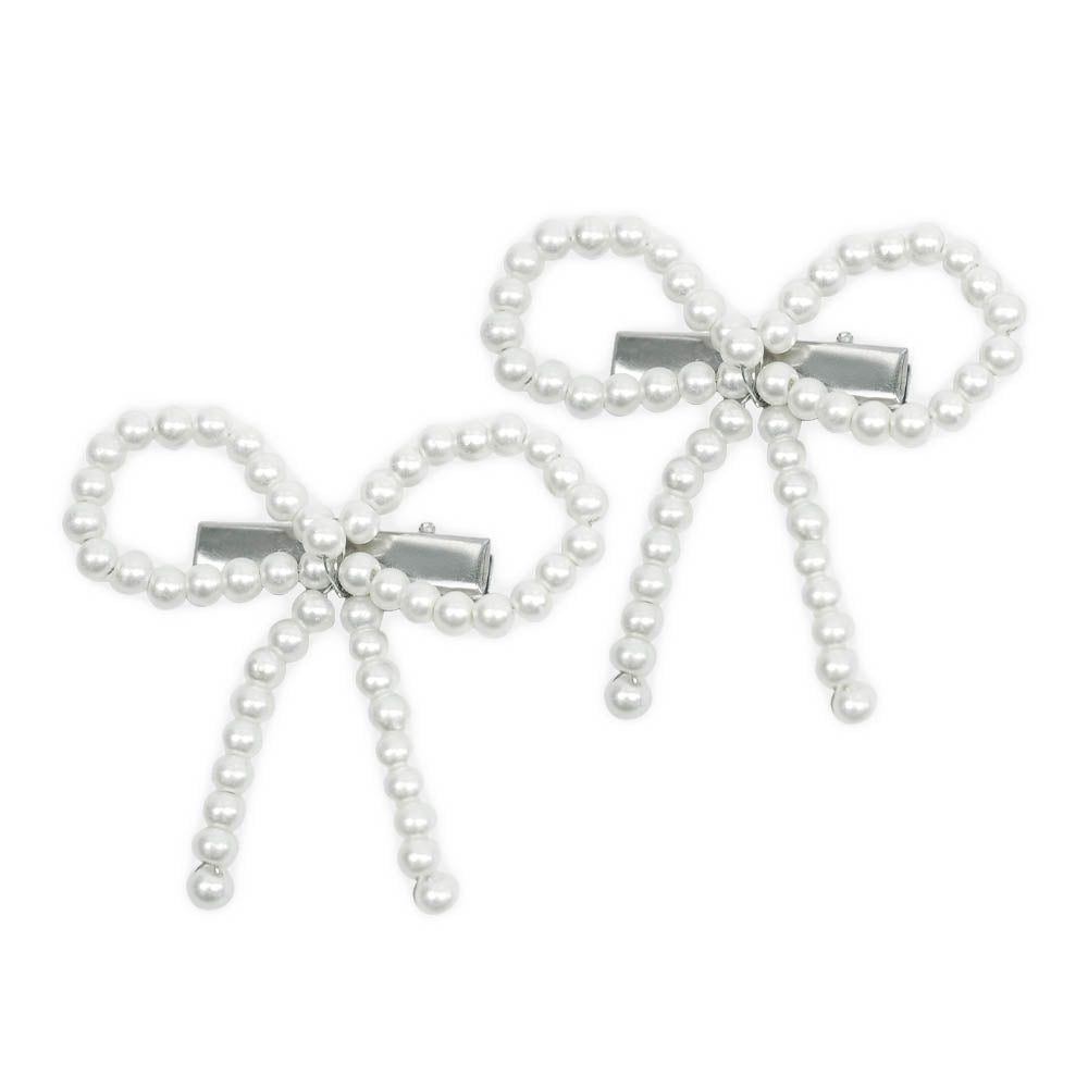 Off-White Embellished Pearl Hair Bow Alligator Clip - Set of 2