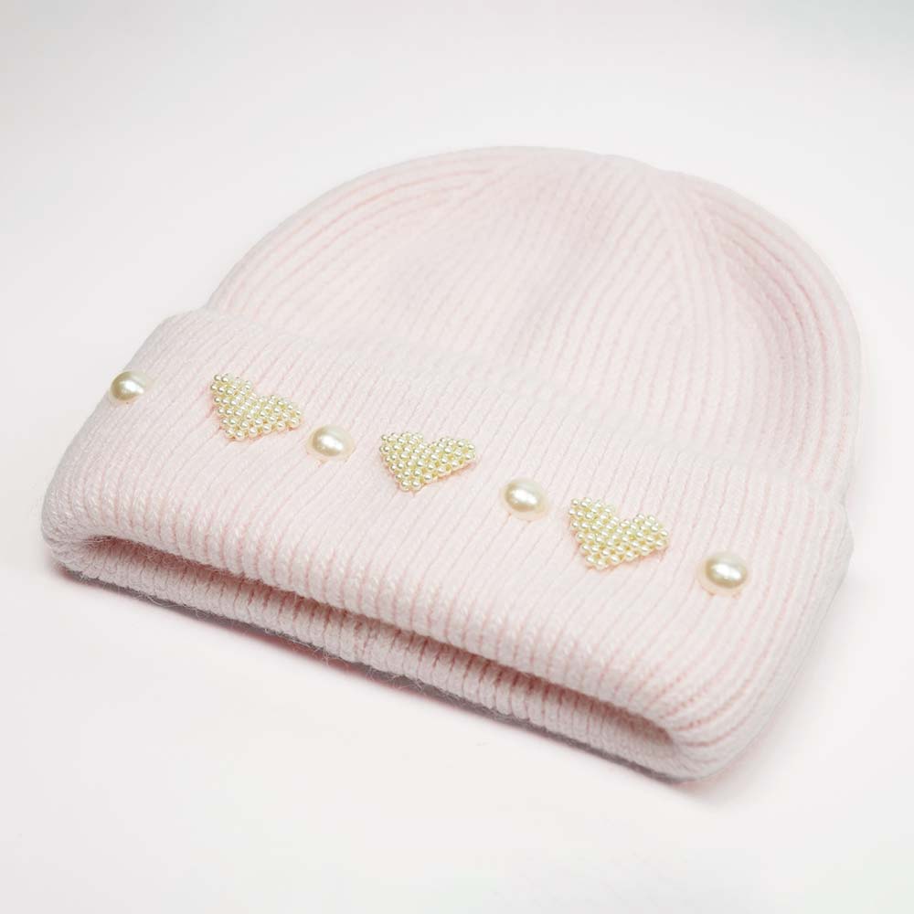 Ribbed Wool Beanie with Pearls & Heart Embellishments - Light Pink