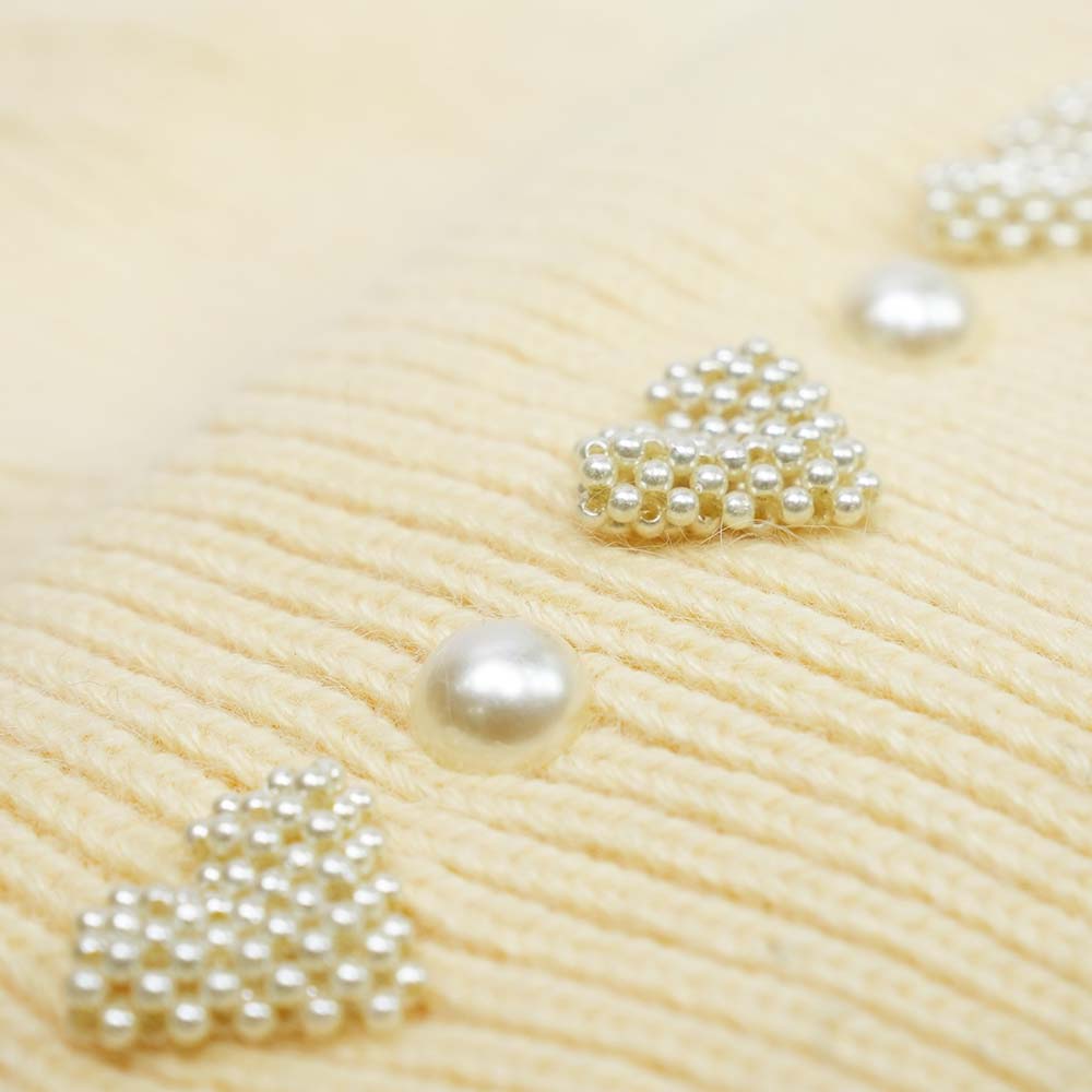 Ribbed Wool Beanie with Pearls & Heart Embellishments - Off-White