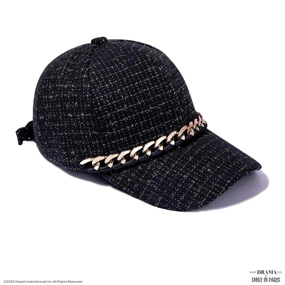HDC x Emily in Paris Black Tweed Baseball Cap with Gold Chain