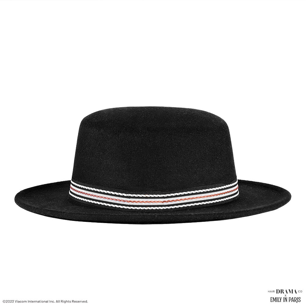 HDC x Emily In Paris Black Woolen Flat Top Fedora Hat with removable Ribbon Belt