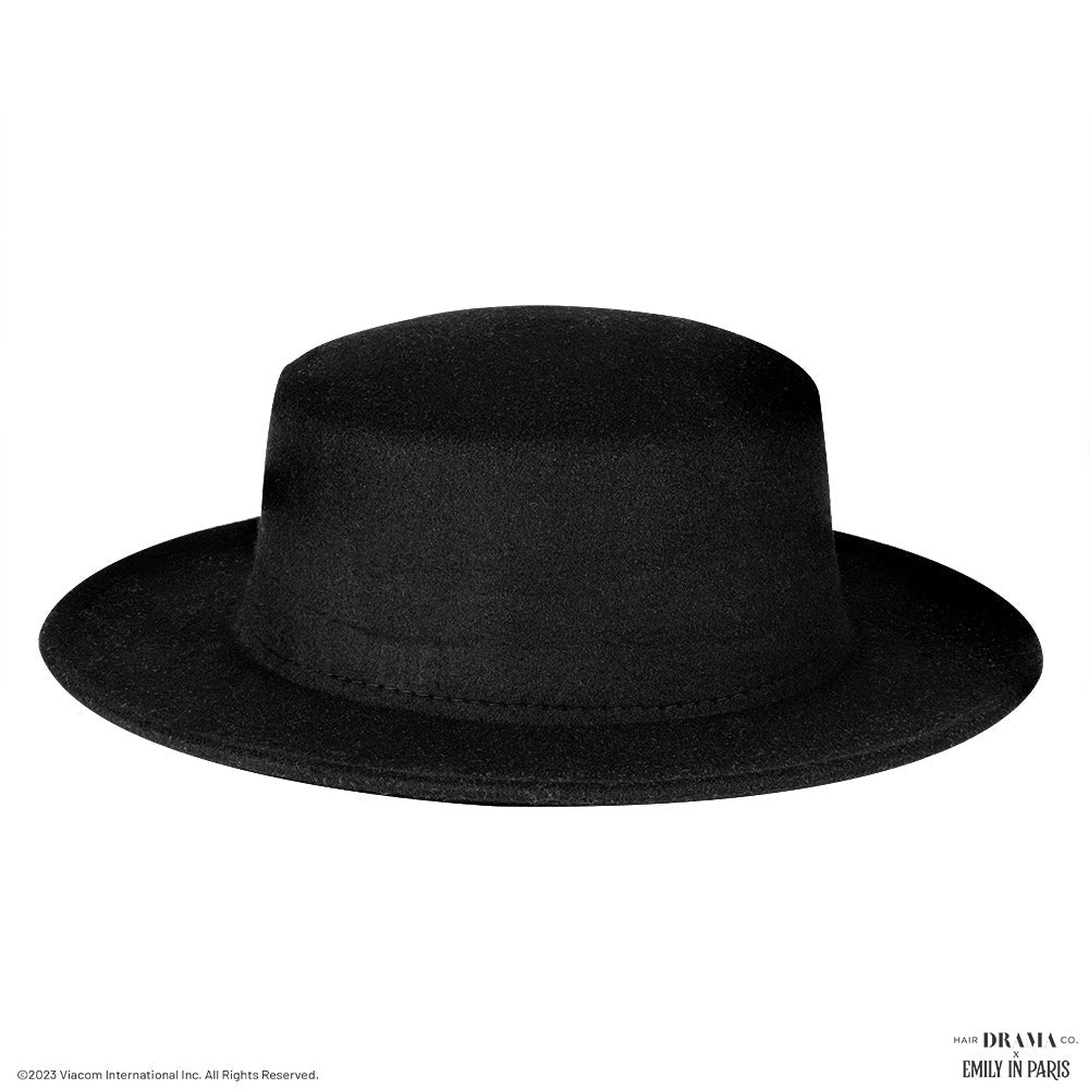 HDC x Emily In Paris Black Woolen Flat Top Fedora Hat with removable Ribbon Belt