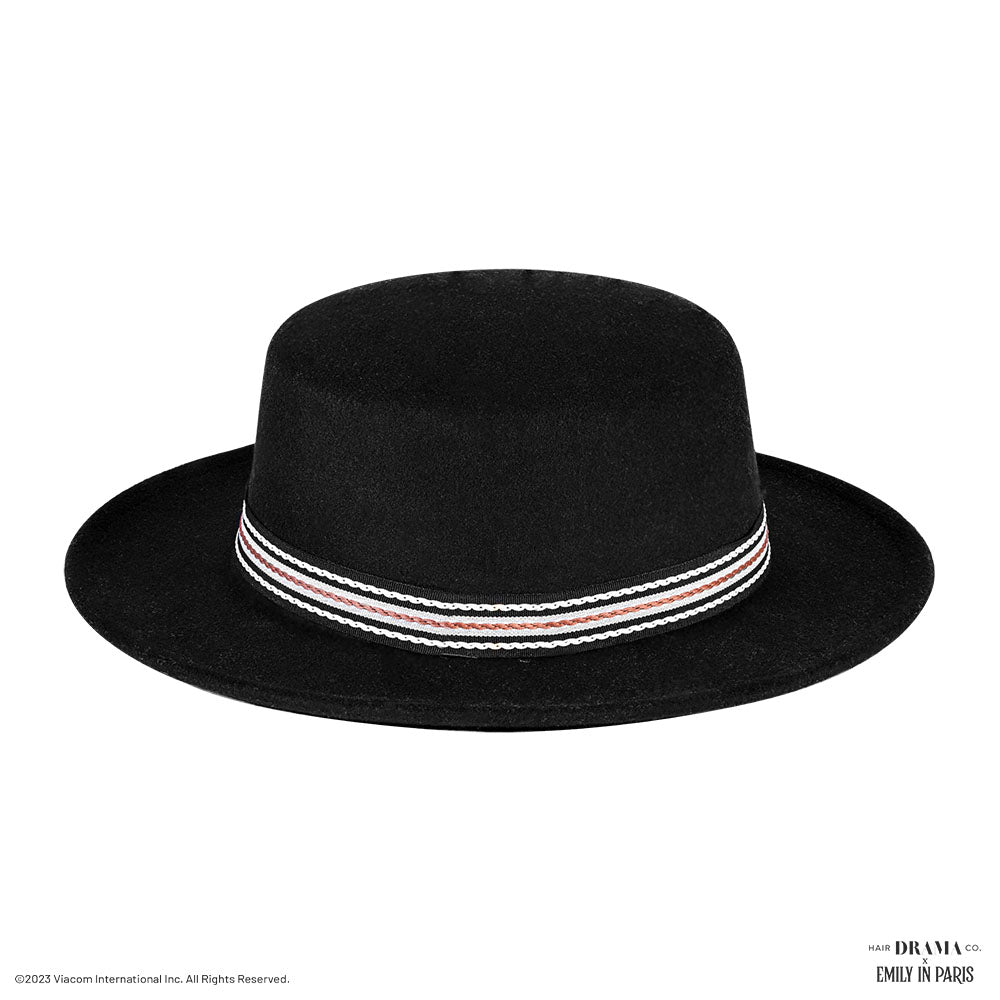HDC x Emily In Paris Black Woolen Flat Top Fedora Hat with removable Ribbon Belt