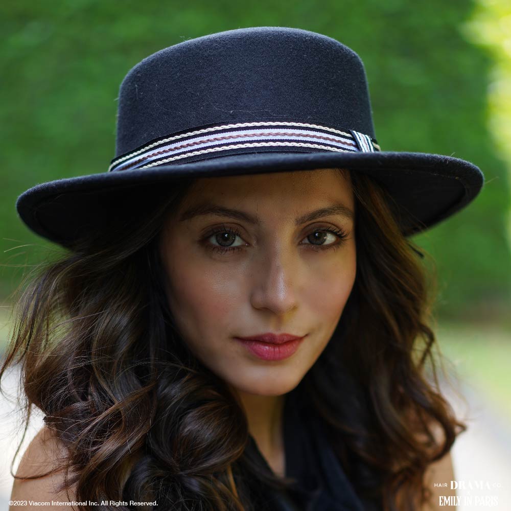 HDC x Emily In Paris Black Woolen Flat Top Fedora Hat with removable Ribbon Belt