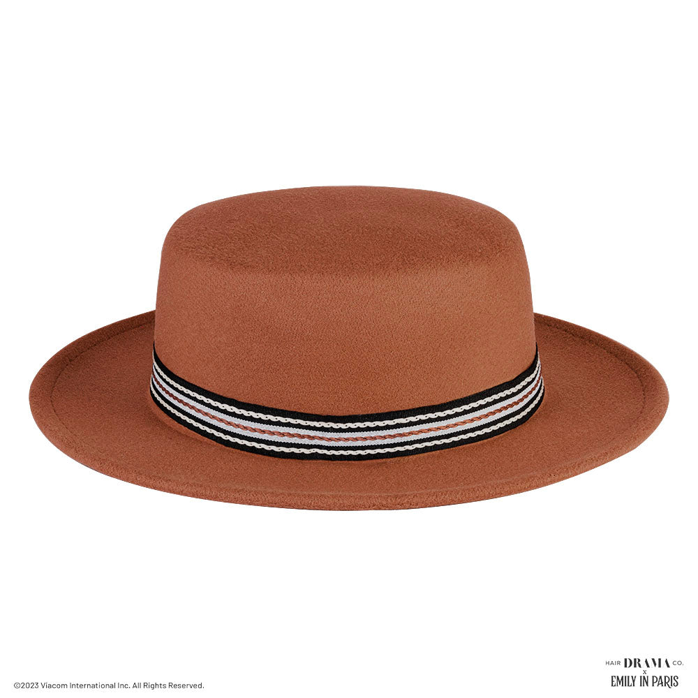 HDC x Emily In Paris Tan Woolen Flat Top Fedora Hat with removable Ribbon Belt