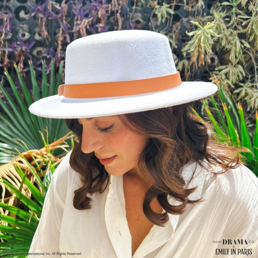 HDC x Emily In Paris White Woolen Flat Top Fedora Hat with removable Leather Belt