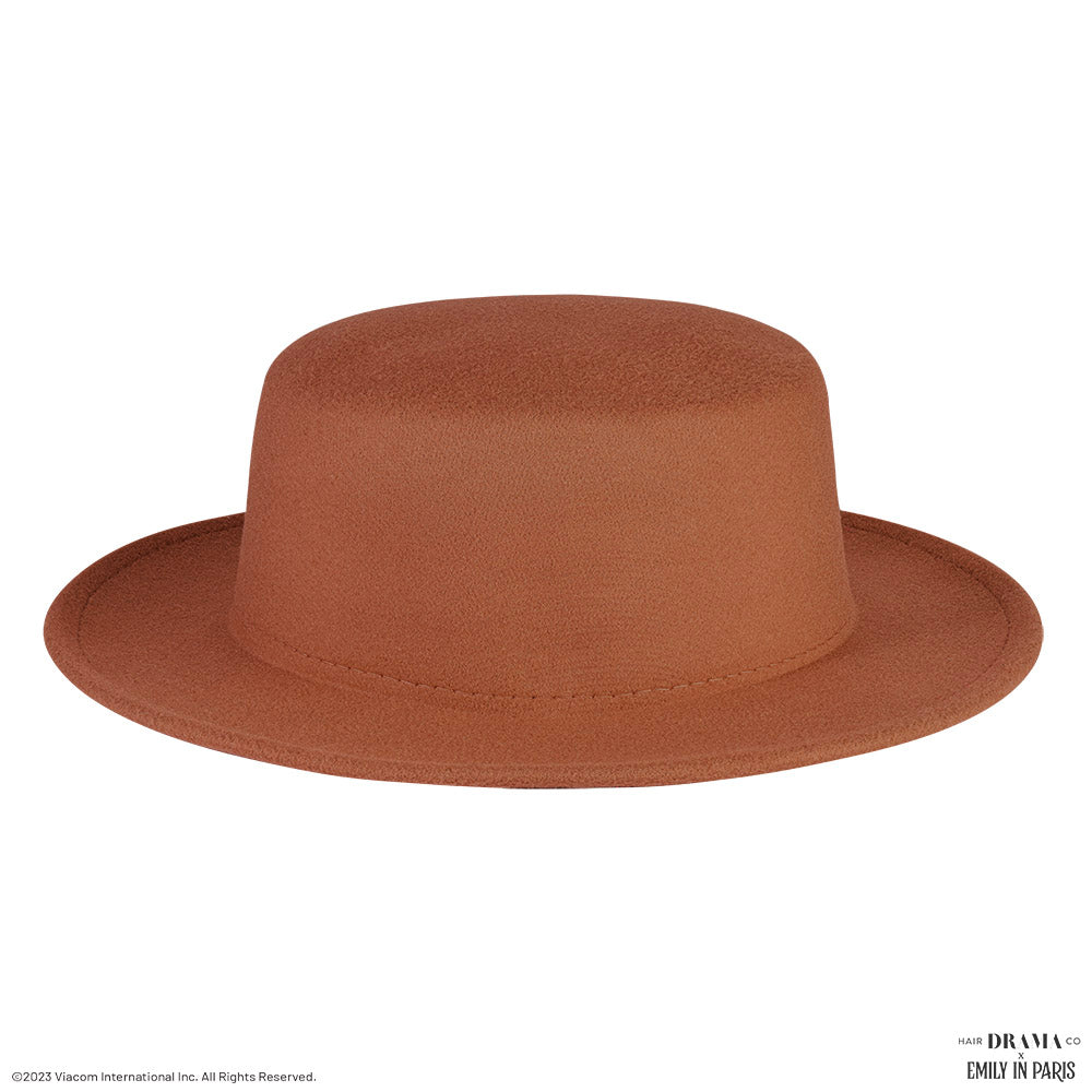 HDC x Emily In Paris Tan Woolen Flat Top Fedora Hat with removable Ribbon Belt