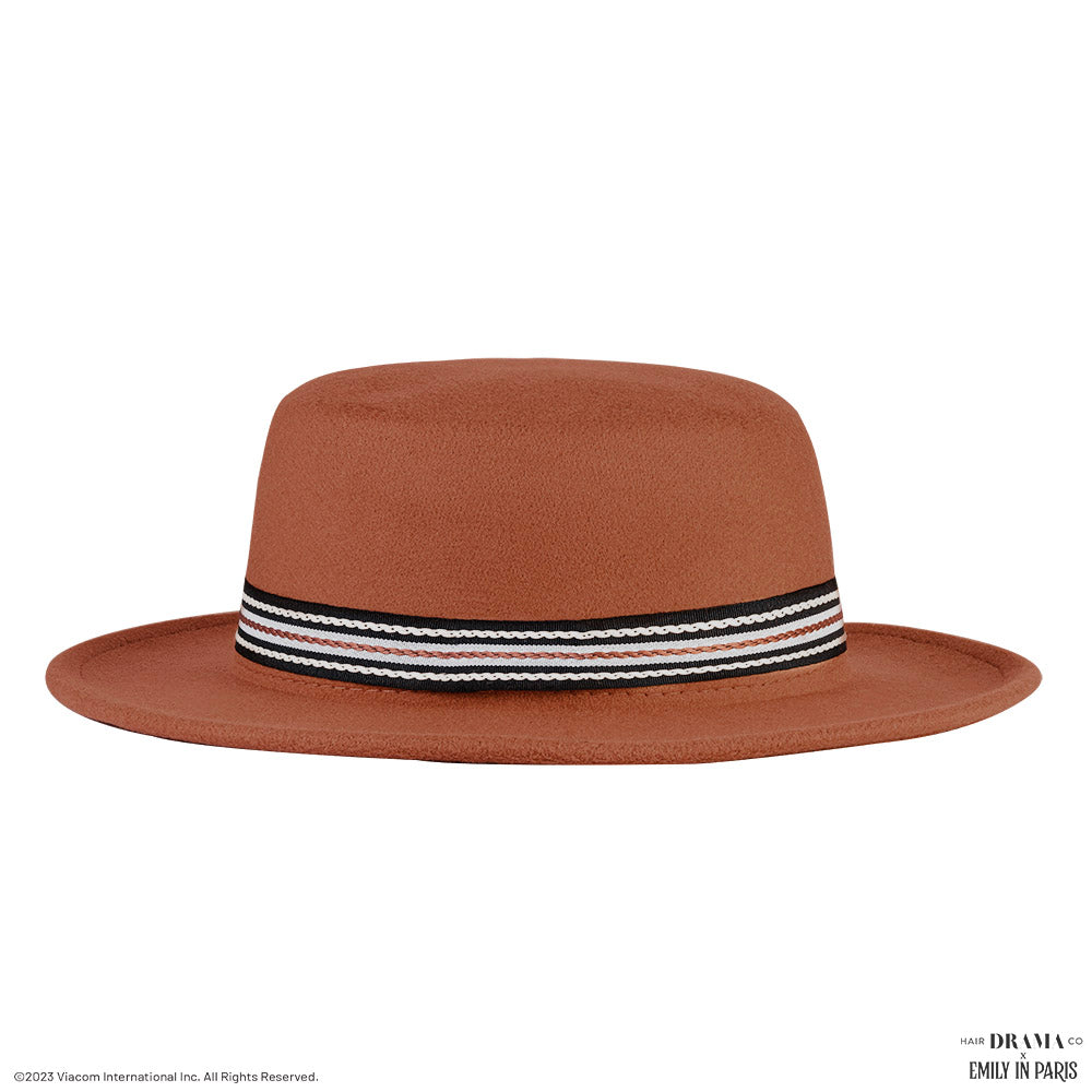 HDC x Emily In Paris Tan Woolen Flat Top Fedora Hat with removable Ribbon Belt