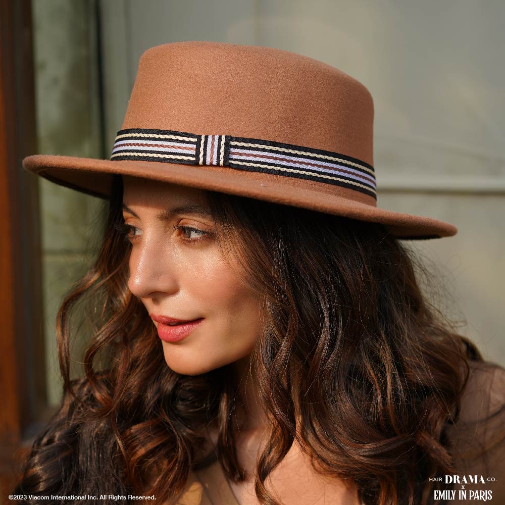 HDC x Emily In Paris Tan Woolen Flat Top Fedora Hat with removable Ribbon Belt