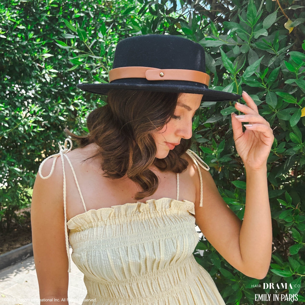 HDC x Emily In Paris Black Woolen Flat Top Fedora Hat with removable Leather Belt