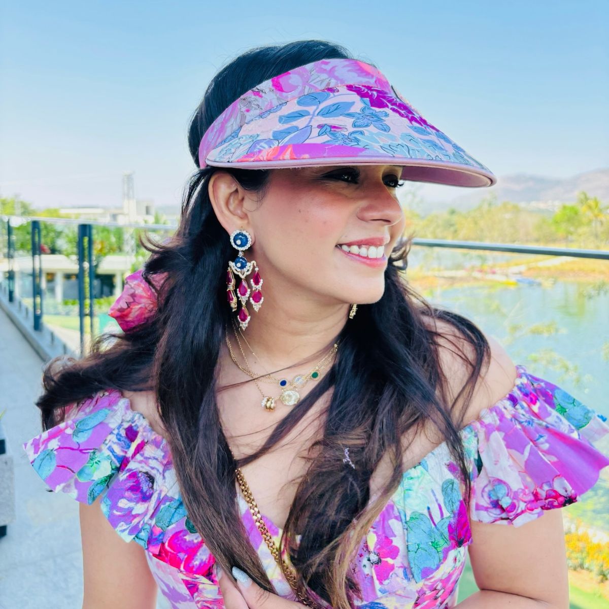 Floral Metallic Sun Visor Cap with Bow