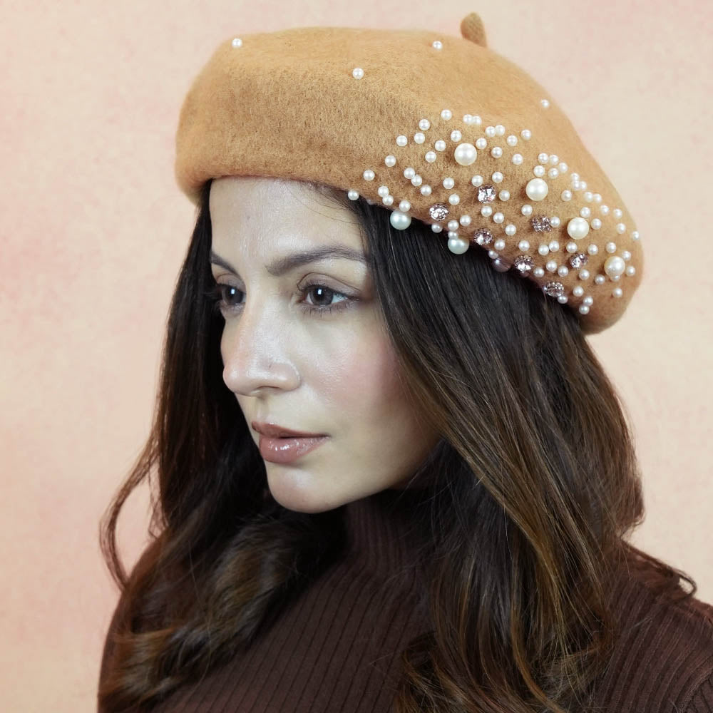 Beret with Pearls & Crystals - Tan
