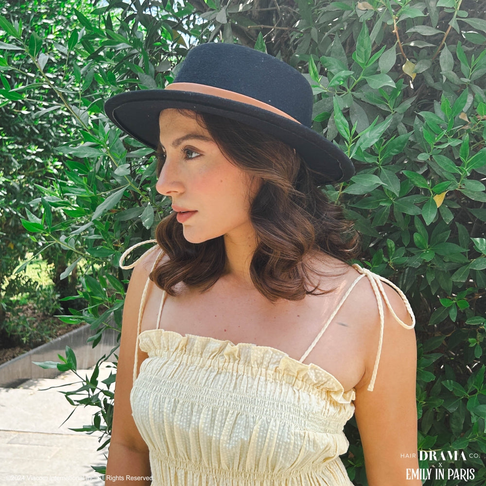 HDC x Emily In Paris Black Woolen Flat Top Fedora Hat with removable Leather Belt