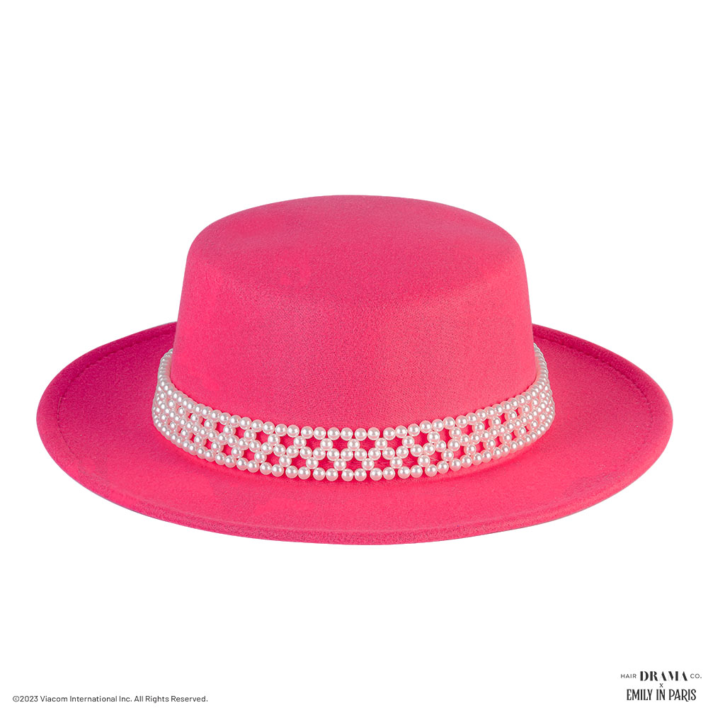 HDC x Emily In Paris Hot Pink Woolen Flat Top Fedora Hat with removable Pearl Belt