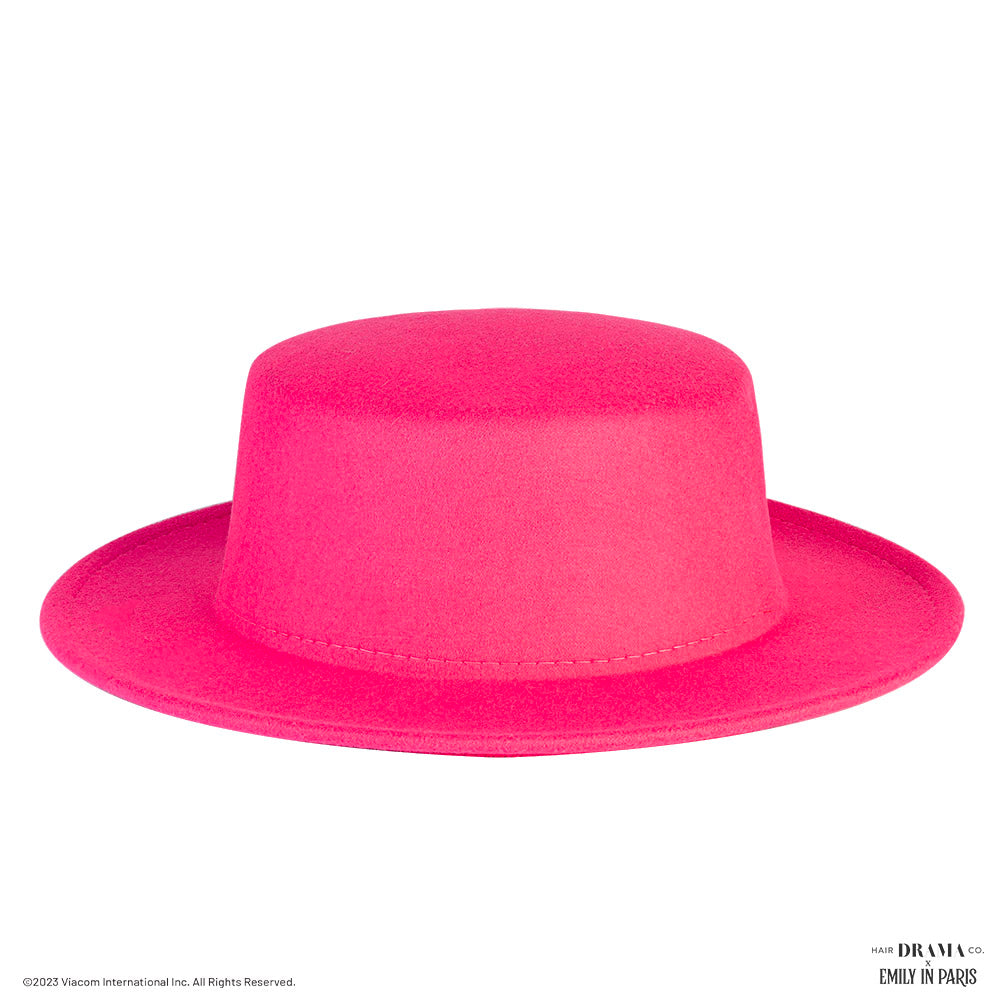 HDC x Emily In Paris Hot Pink Woolen Flat Top Fedora Hat with removable Pearl Belt
