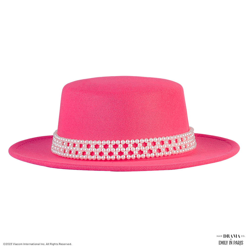 HDC x Emily In Paris Hot Pink Woolen Flat Top Fedora Hat with removable Pearl Belt