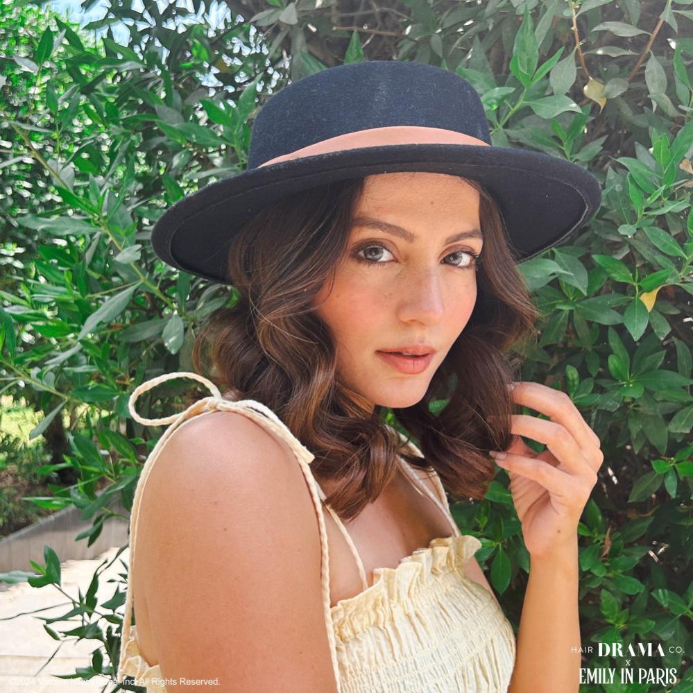 HDC x Emily In Paris Black Woolen Flat Top Fedora Hat with removable Leather Belt