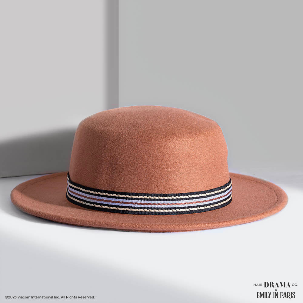HDC x Emily In Paris Tan Woolen Flat Top Fedora Hat with removable Ribbon Belt