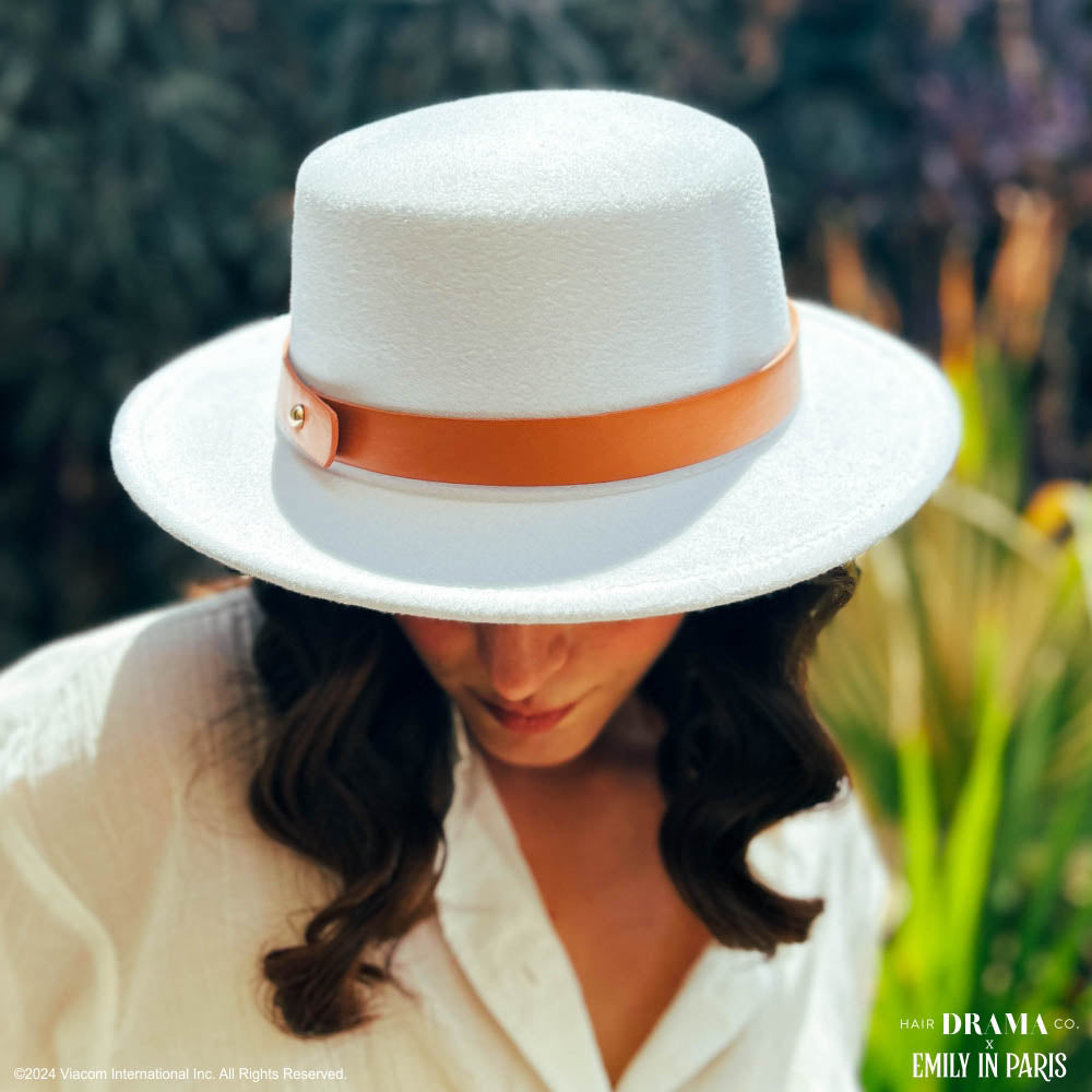 HDC x Emily In Paris White Woolen Flat Top Fedora Hat with removable Leather Belt