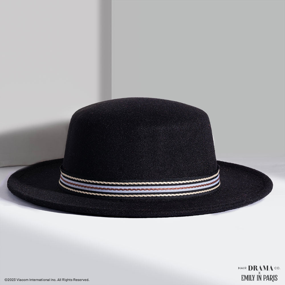 HDC x Emily In Paris Black Woolen Flat Top Fedora Hat with removable Ribbon Belt