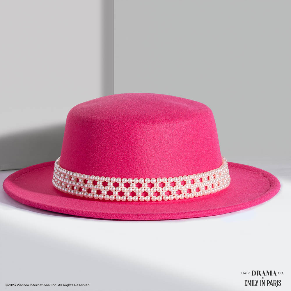 HDC x Emily In Paris Hot Pink Woolen Flat Top Fedora Hat with removable Pearl Belt