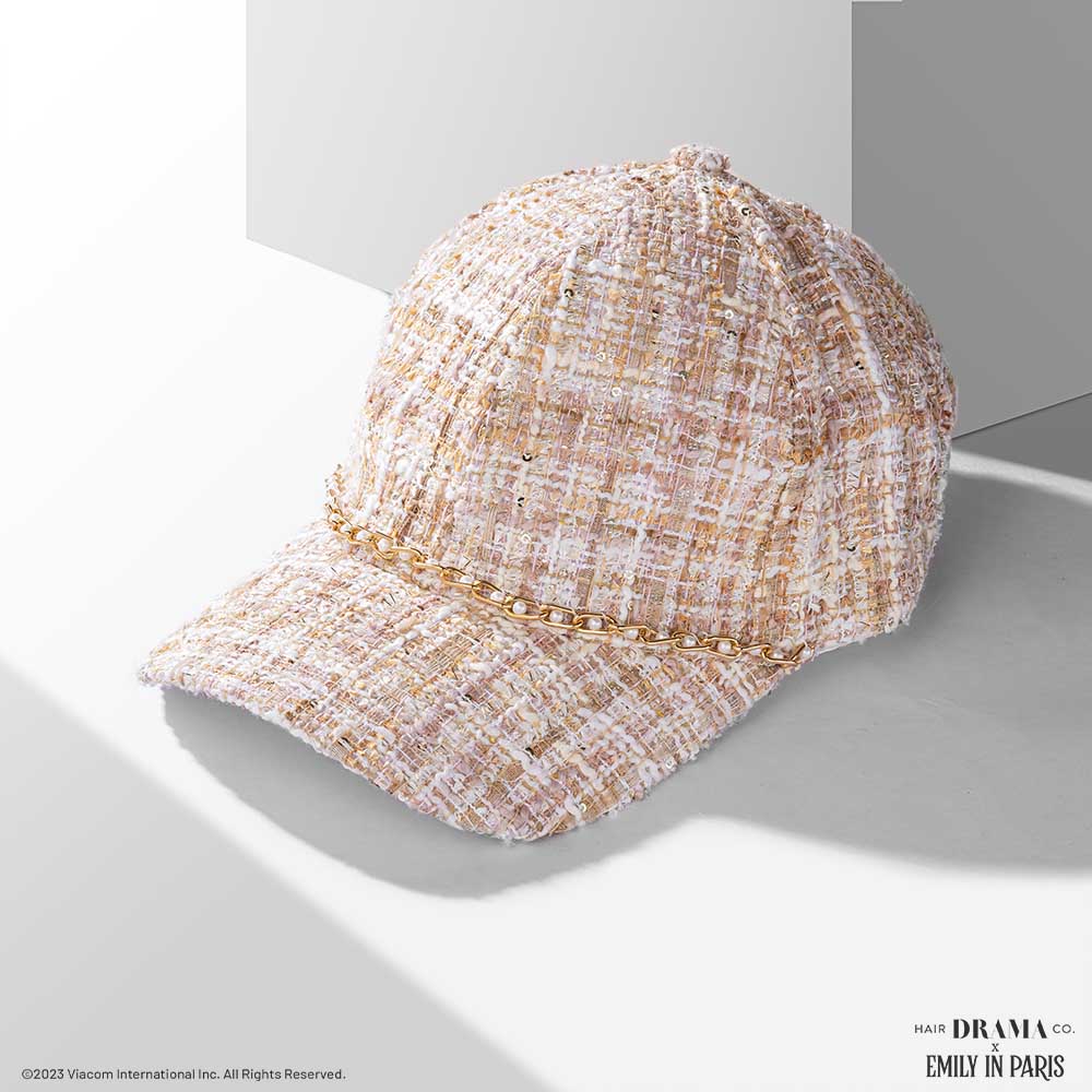 HDC x Emily in Paris Beige Tweed Baseball Cap with Pearl Chain