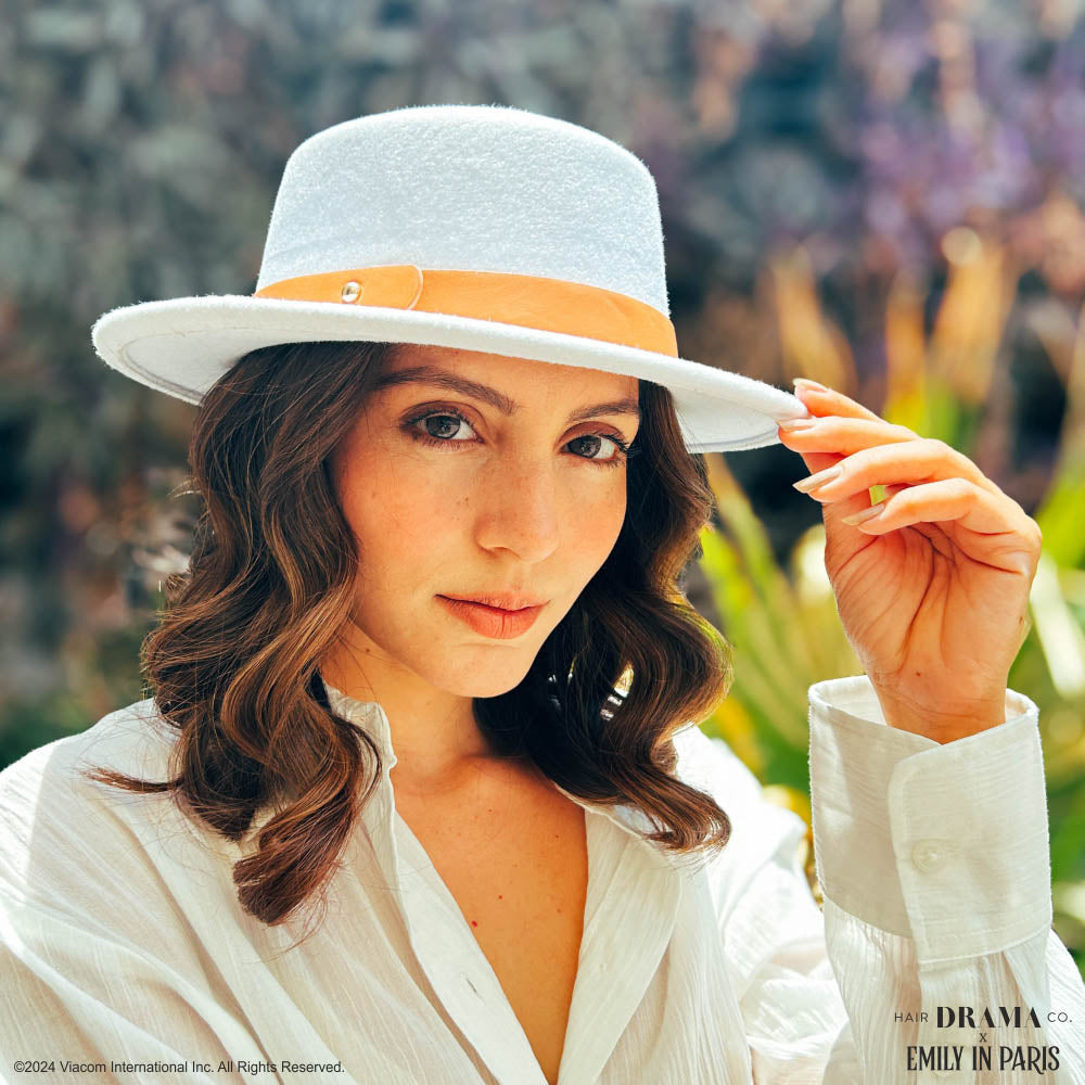 HDC x Emily In Paris White Woolen Flat Top Fedora Hat with removable Leather Belt