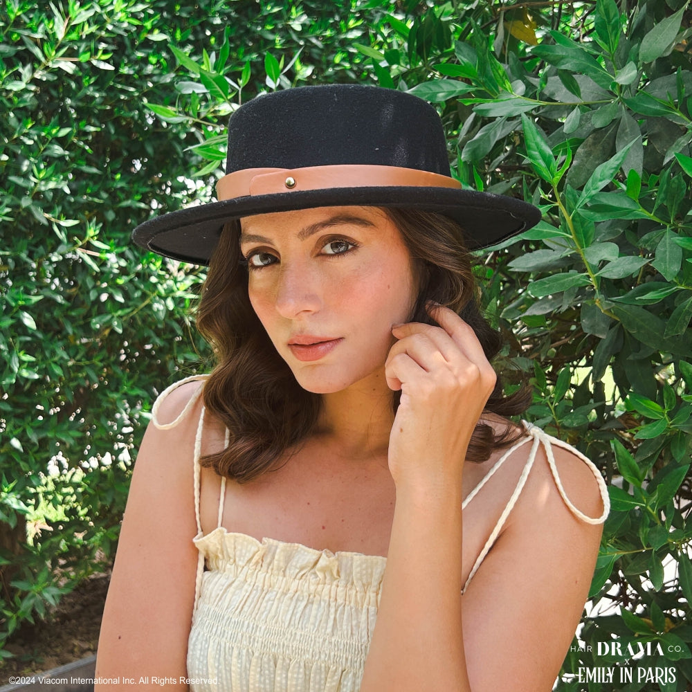 HDC x Emily In Paris Black Woolen Flat Top Fedora Hat with removable Leather Belt