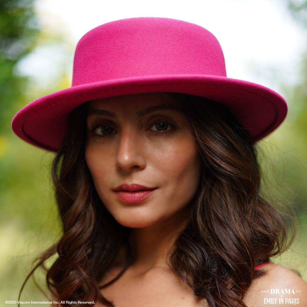 HDC x Emily In Paris Hot Pink Woolen Flat Top Fedora Hat with removable Pearl Belt