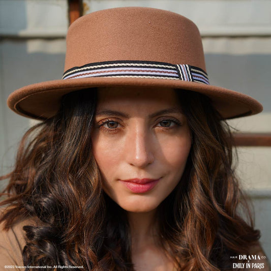 HDC x Emily In Paris Tan Woolen Flat Top Fedora Hat with removable Ribbon Belt