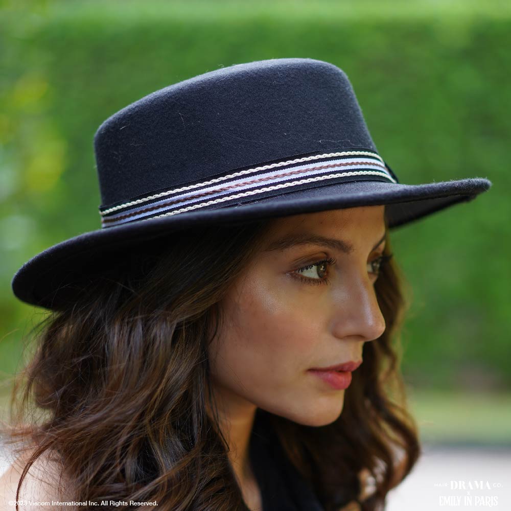 HDC x Emily In Paris Black Woolen Flat Top Fedora Hat with removable Ribbon Belt
