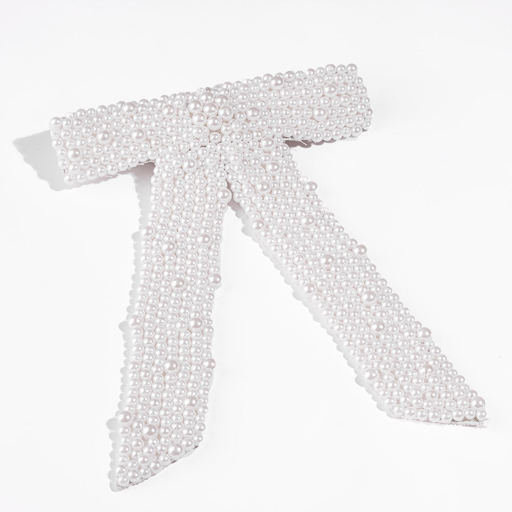 Embellished Pearl Hair Bow Barrette Clip - White