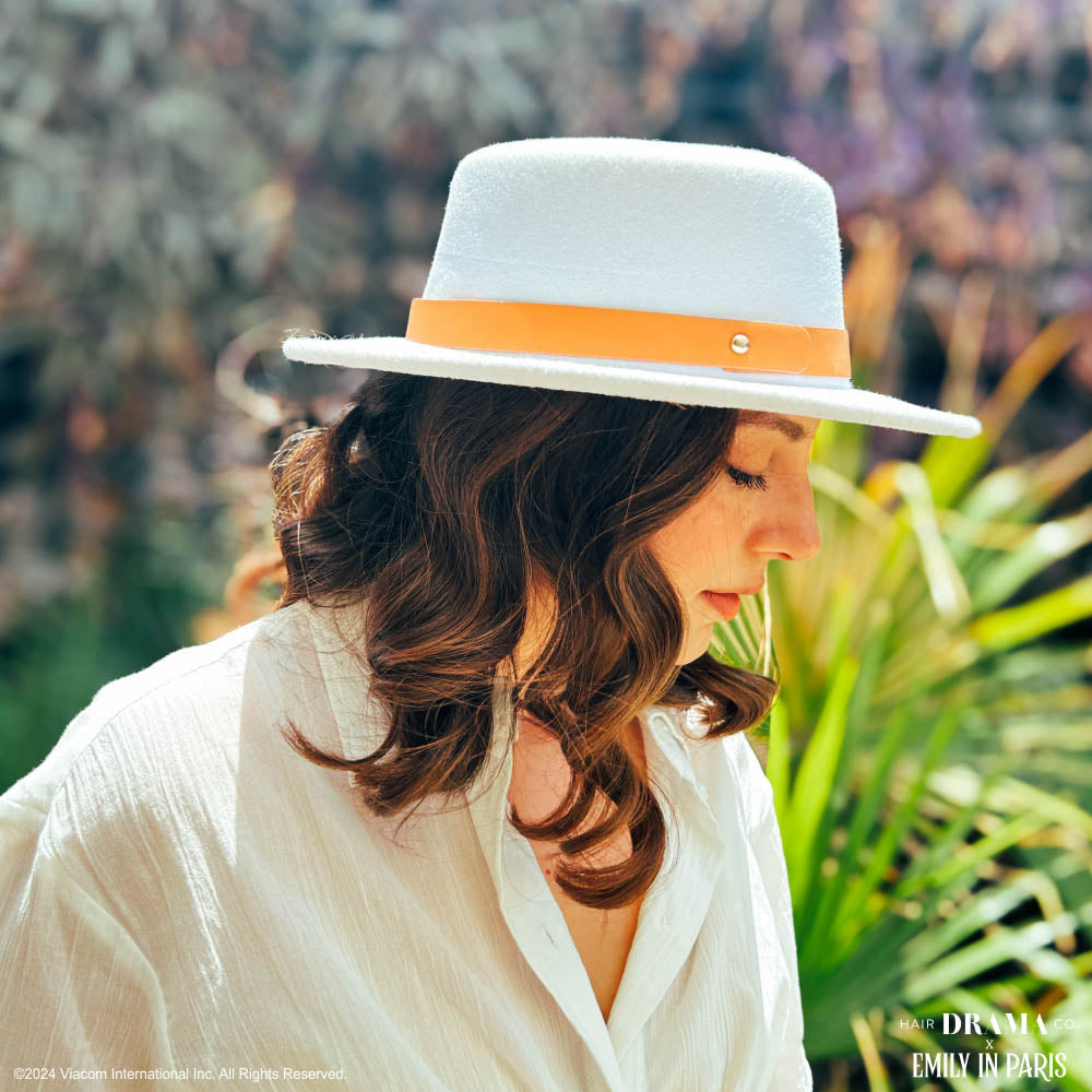 HDC x Emily In Paris White Woolen Flat Top Fedora Hat with removable Leather Belt