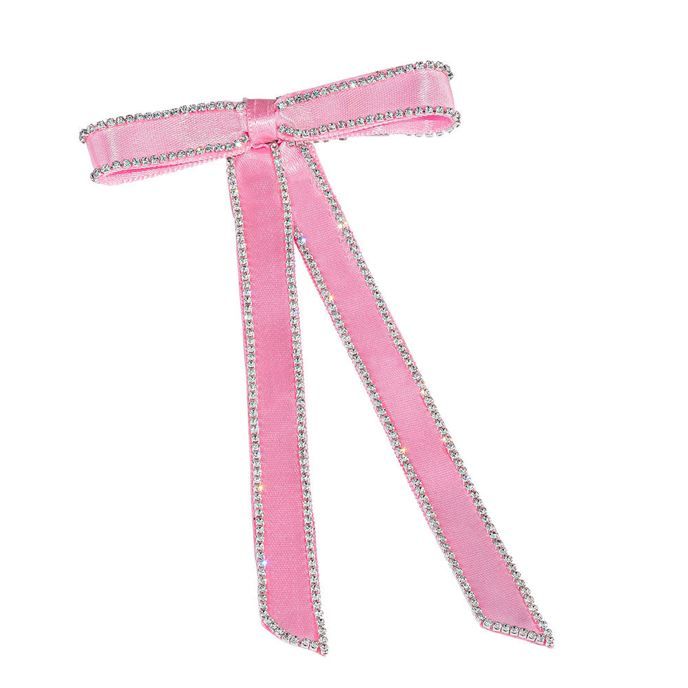 Satin Ribbon Crystal Hair Bow - Pink