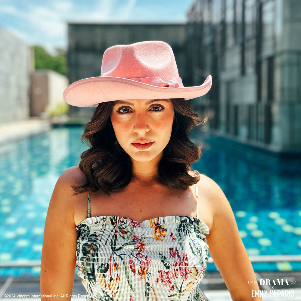 HDC x Emily In Paris Pink Suede Fedora Hat with removable Bow Belt