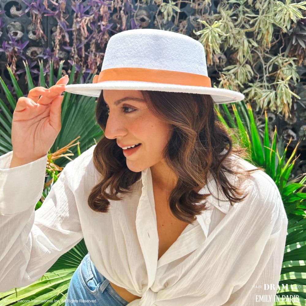 HDC x Emily In Paris White Woolen Flat Top Fedora Hat with removable Leather Belt