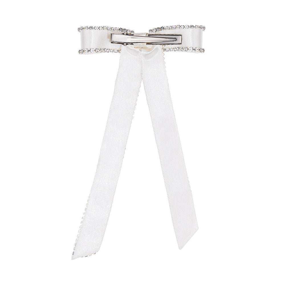 Satin Ribbon Crystal Hair Bow - Off-White