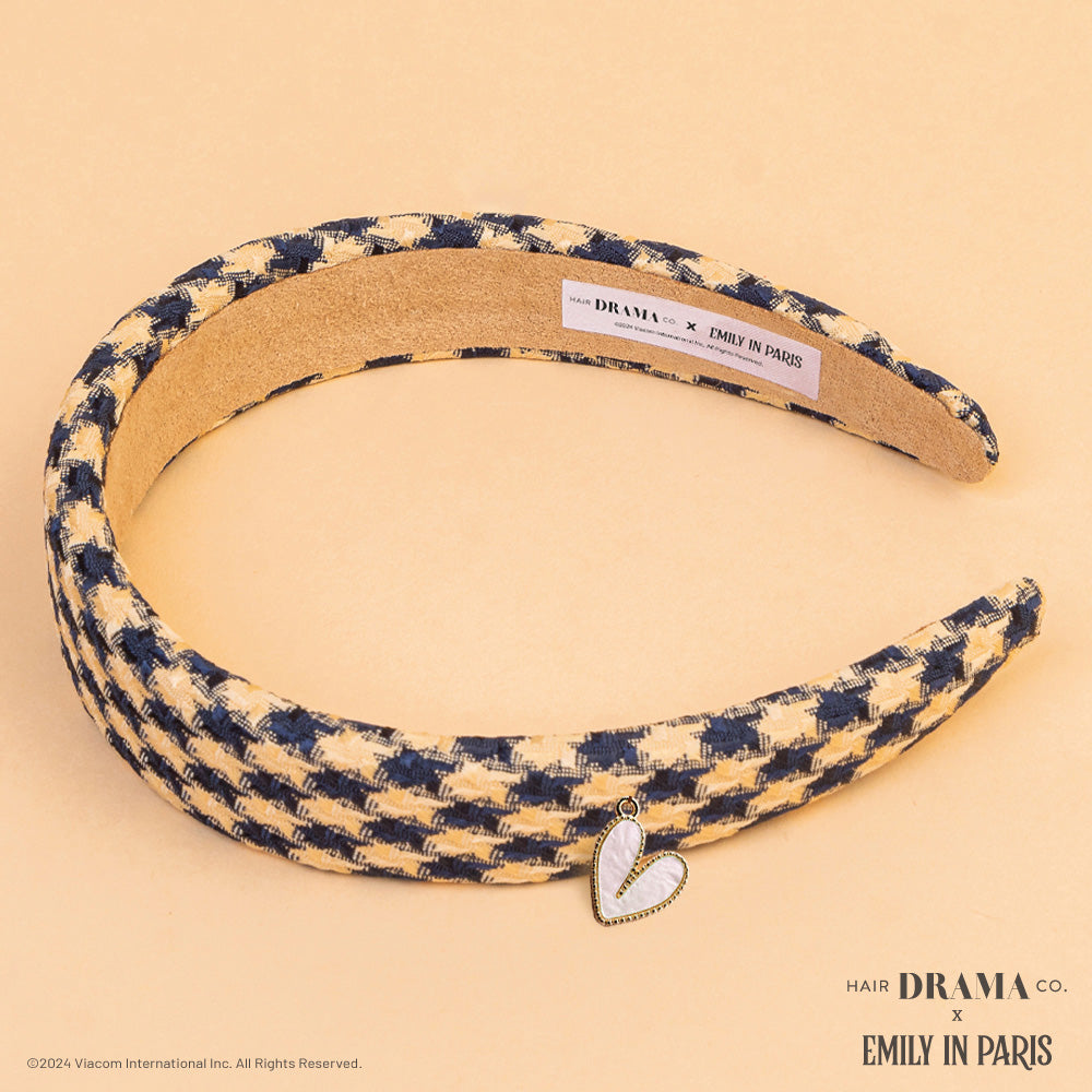 HDC x Emily in Paris Houndstooth Puff Hair Band with Heart Charm - Blue & Biege