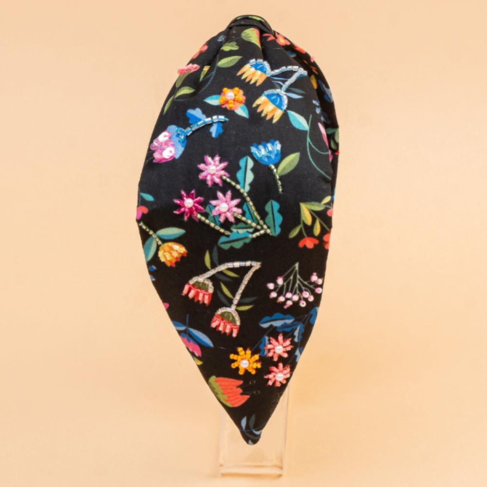 Blossom Embellished Knotted Hair Band - Black