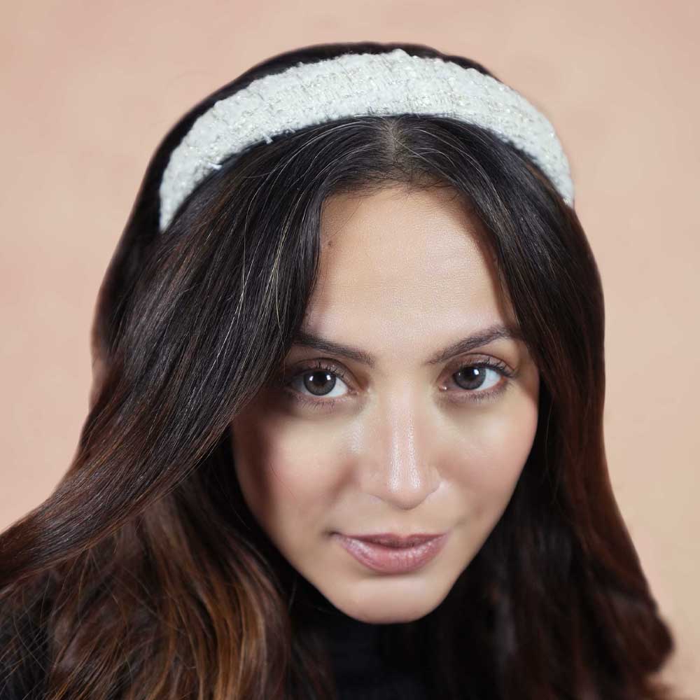 Tweed Puff Hair Band - White