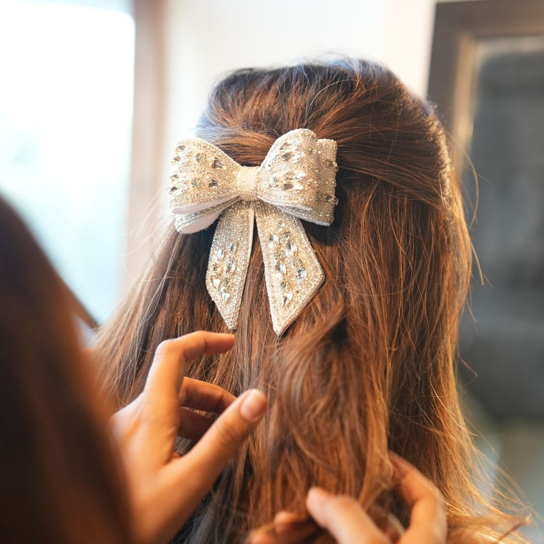 Embellished Crystal Hair Bow Barrette Clip - Silver
