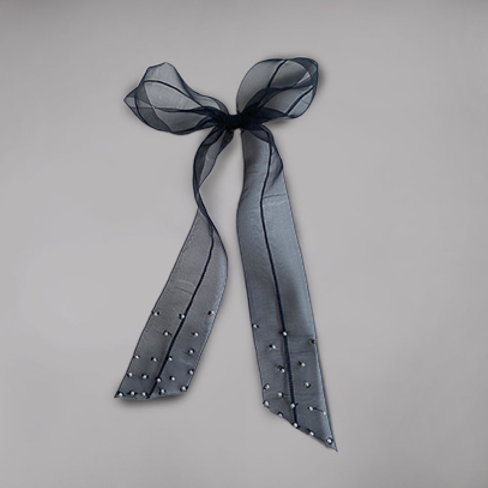 Embellished Pearl Hair Bow Alligator Clip - Black