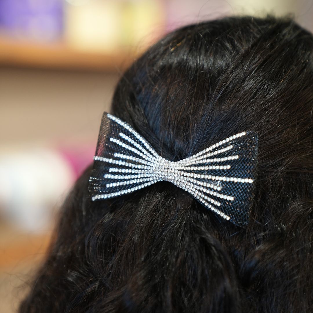 HDC x Emily in Paris Crystal Mesh Hair Bow Alligator Clip - Black